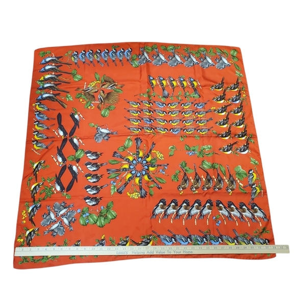 100% Silk Bird Print Scarf. 34" x 34". Orangish Red w/ Multicolor Birds - Picture 12 of 13